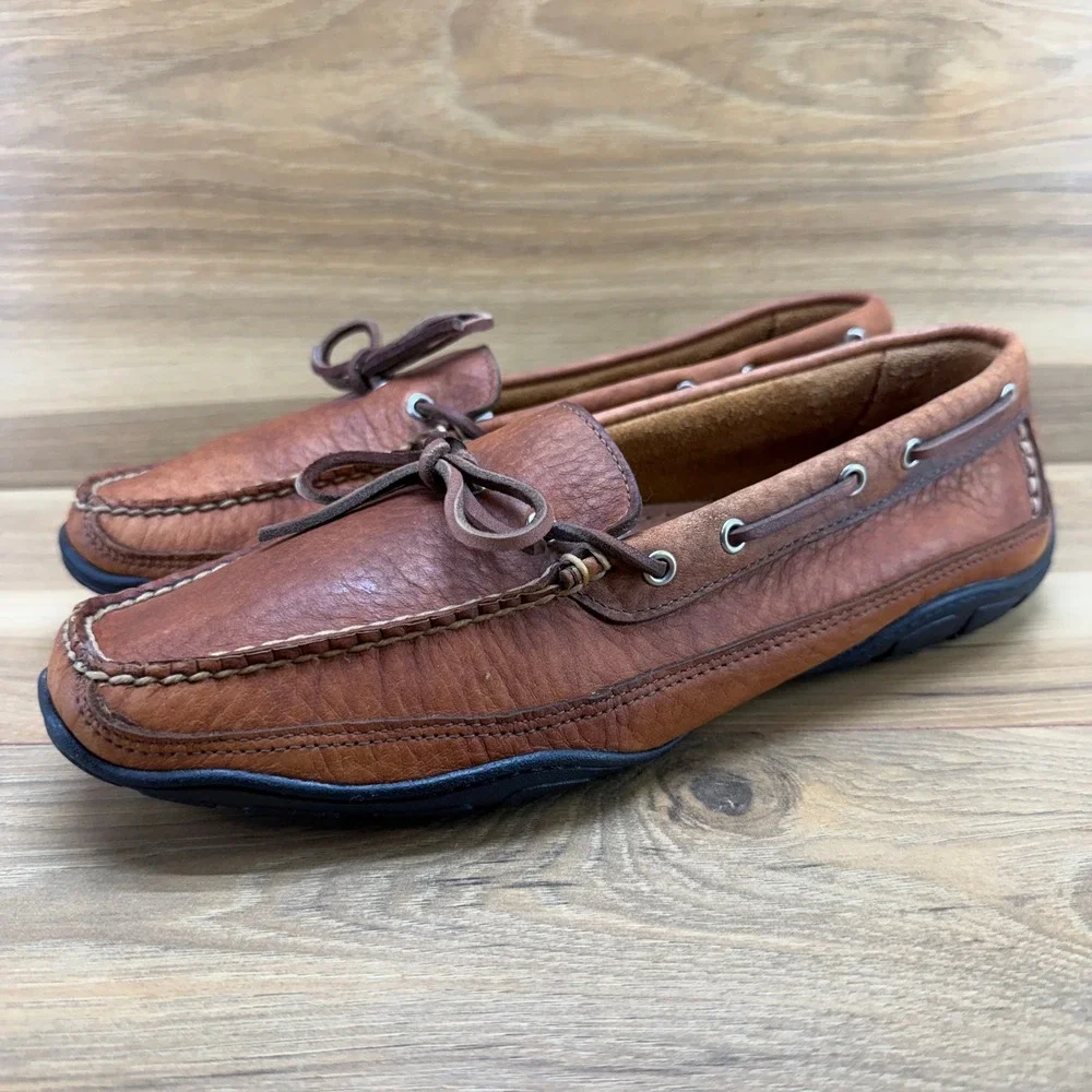 LL Bean Casco Bay Boat Shoes Mens 9.5 D Brown Tumbled Leather Moc Toe Loafers